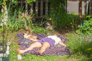 Eine Person und eine Katze liegen in einem Garten auf einer Decke und schlafen