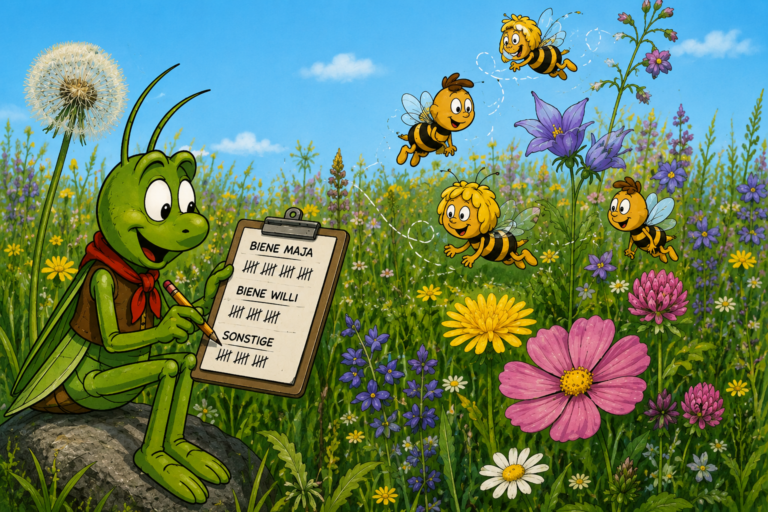 Comiczeichnung angelehnt an Biene Maja mit einem Grashüpfer, der Insekten zählt (mit KI erstellt)