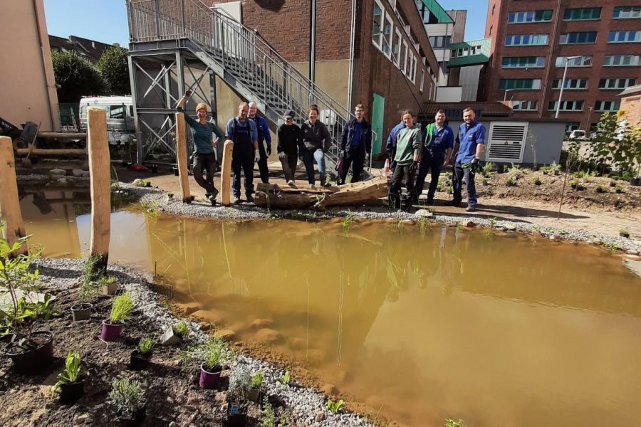 Gruppenfoto der Mitwirkenden in einem frisch gebauten Naturgarten auf einem Firmengelände